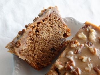 Coffee And Walnut Loaf Cake With White Chocolate Coffee Ganache and Walnut Topping