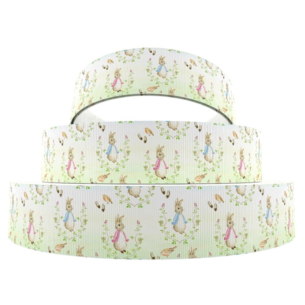 Peter Rabbit & Flowers Grosgrain Ribbon 16/22/38mm Wide - Sold per Metre