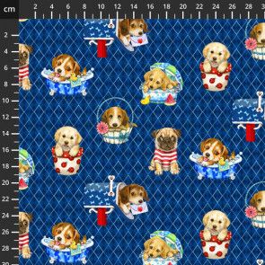 Trendy Pups Fabric 112cm (44") Wide by Stof Sold as FQ, 1/2 metre or 1 metre Length 808-148 Royal