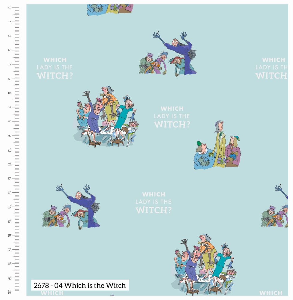 Witches Roald Dahl Fabric 112cm (44") wide approx. Sold as FQ, 1/2m or 1m Clever Which Witch 2678-04 - Turq