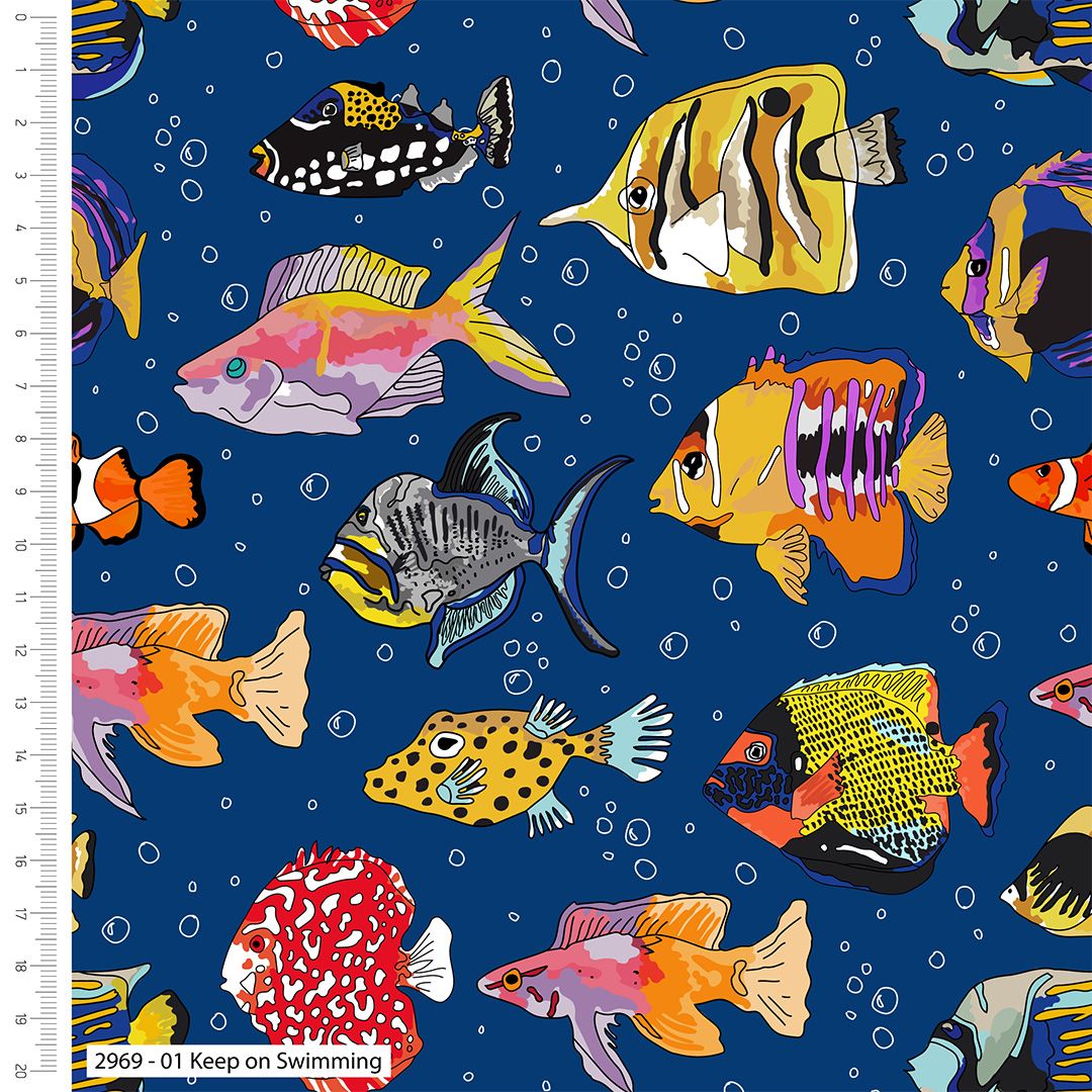 Sea in Colour Fabric 112cm (44") wide approx. Sold as FQ, 1/2m or 1m Keep on Swimming 2969-01 Dk Blue