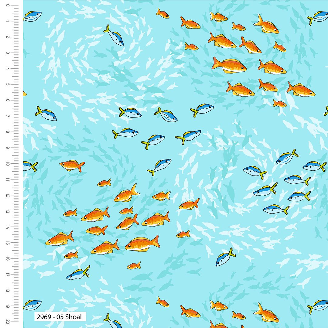 Sea in Colour Fabric 112cm (44") wide approx. Sold as FQ, 1/2m or 1m Fish Shoal 2969-05 Turquoise