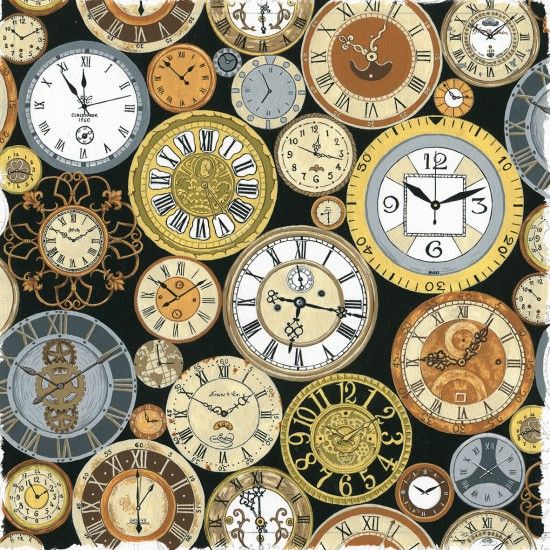 Victorian Vintage Fabric 112cm (44") Wide Sold as FQ, 1/2m or 1m 80340-104 Clocks