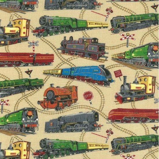 Locomotion Fabric 112cm (44") Wide Sold as FQ, 1/2m or 1m 88990-102 Trains Allover