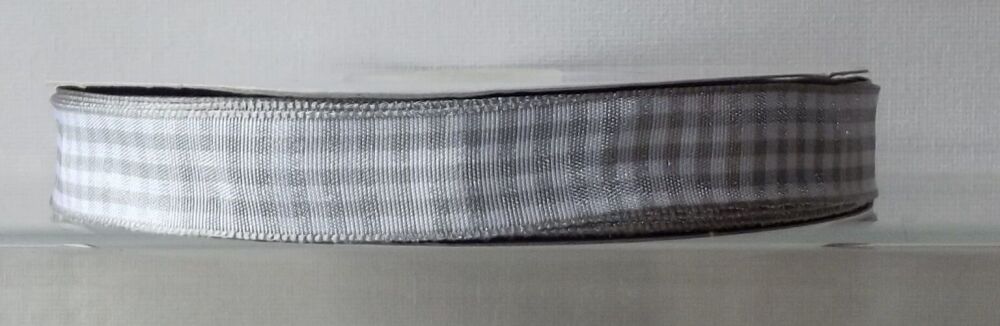 Gingham Ribbon 10/15/25mm Wide Silver Grey