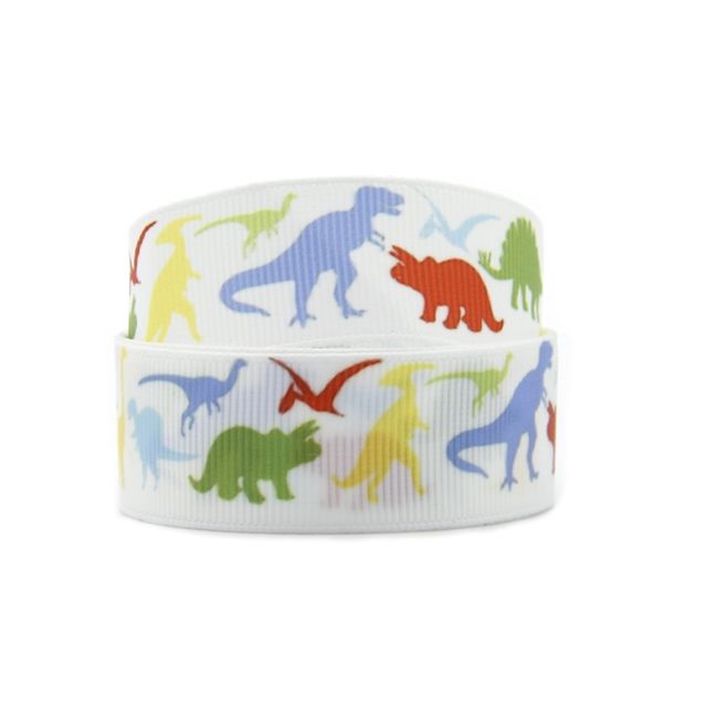 Dinosaur Grosgrain Ribbon 10/16/22/38mm Widths Sold per Metre White