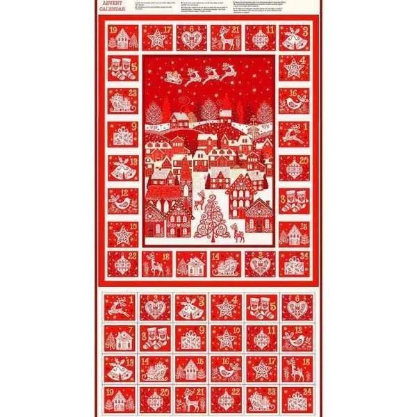 Scandi Town Metallic Advent Panel by Makower 60cm x 110cm approx Red 2463/1