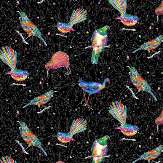 Splash of Colour Fabric 112cm (44") Wide Sold as FQ, 1/2m or 1m 81320-102 Kiwi Bird Black