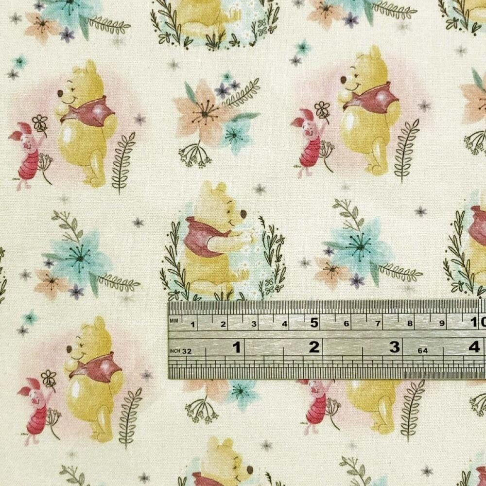 Winnie the Pooh and Flowers Fabric 135cm (54") wide approx. Sold as FQ, 1/2m or 1m Cream