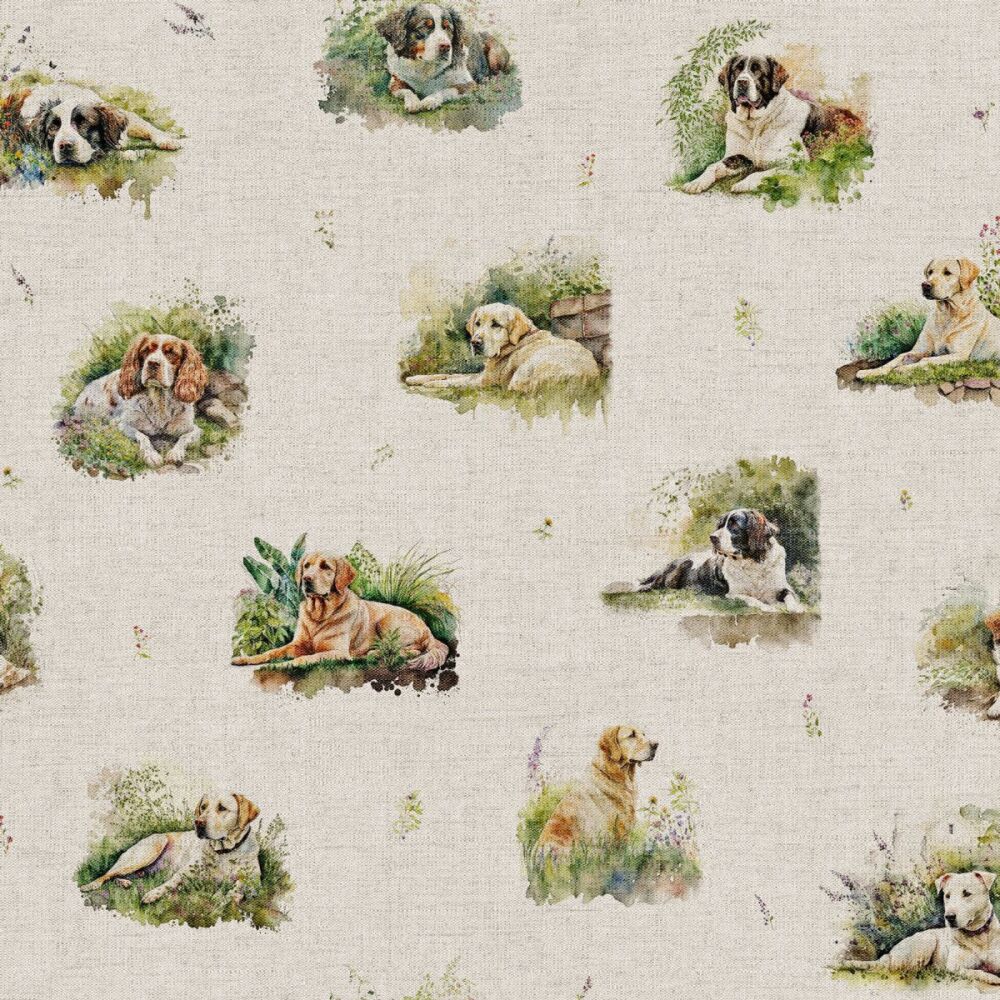 Garden Dogs Allover Fabric Linen Look Cotton Rich Cushion Upholstery Sold a