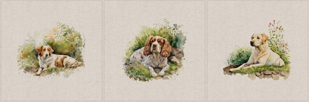 Garden Dogs Panels Linen Look Cotton Rich Cushion Upholstery - Set of 3 Pan