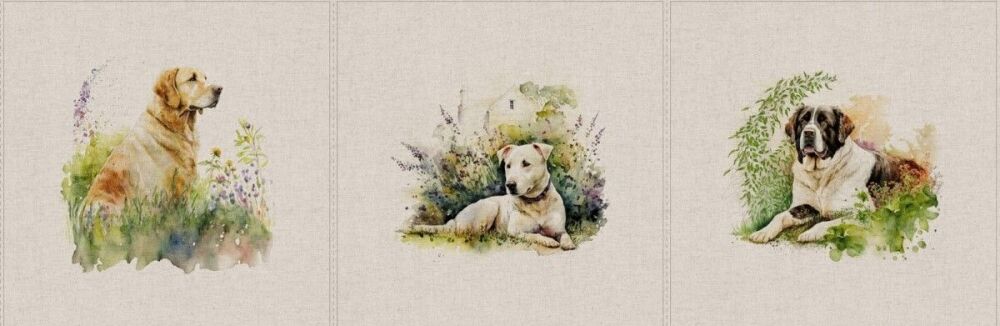 Garden Dogs Panels Linen Look Cotton Rich Cushion Upholstery - Set of 3 Pan