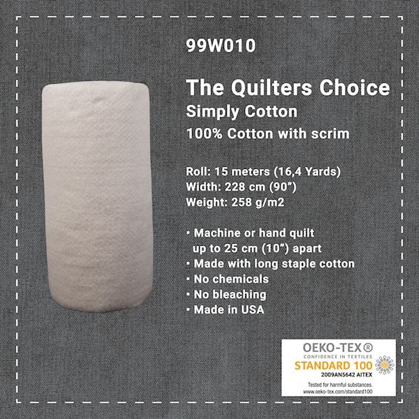 The Quilters Choice Simply Cotton Wadding 100% Cotton 90" Wide Sold per Half Metre