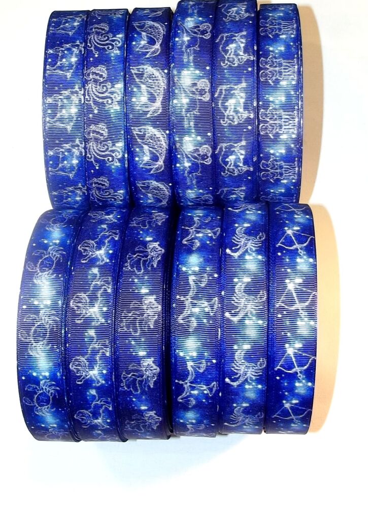 Star Signs Grosgrain Ribbon 22mm Wide - Sold per Metre - Blue