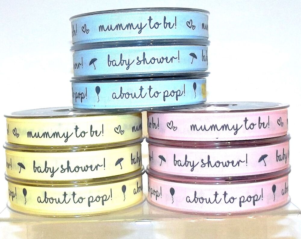 Mummy to Be Printed Satin Ribbon 16mm Wide Sold per Metre Blue Yellow or Pi