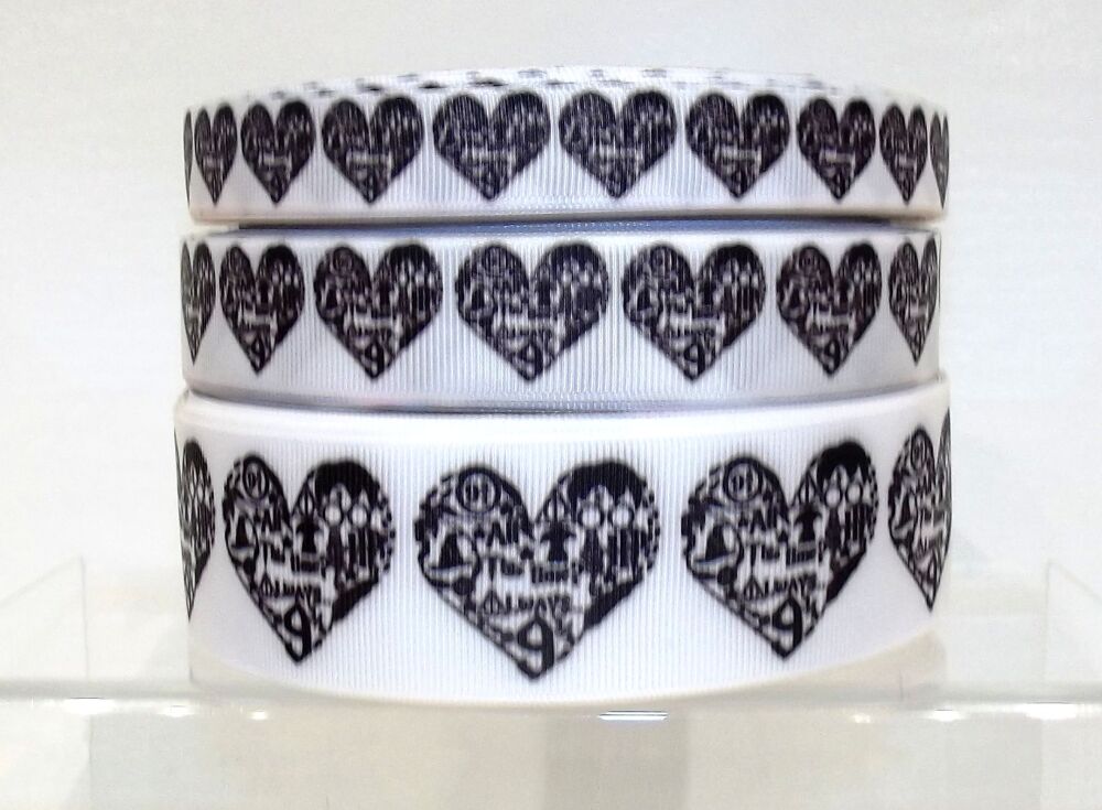 Harry Potter Grosgrain Ribbon 16/22/38mm Wide - Hearts White/Black - Sold per Metre