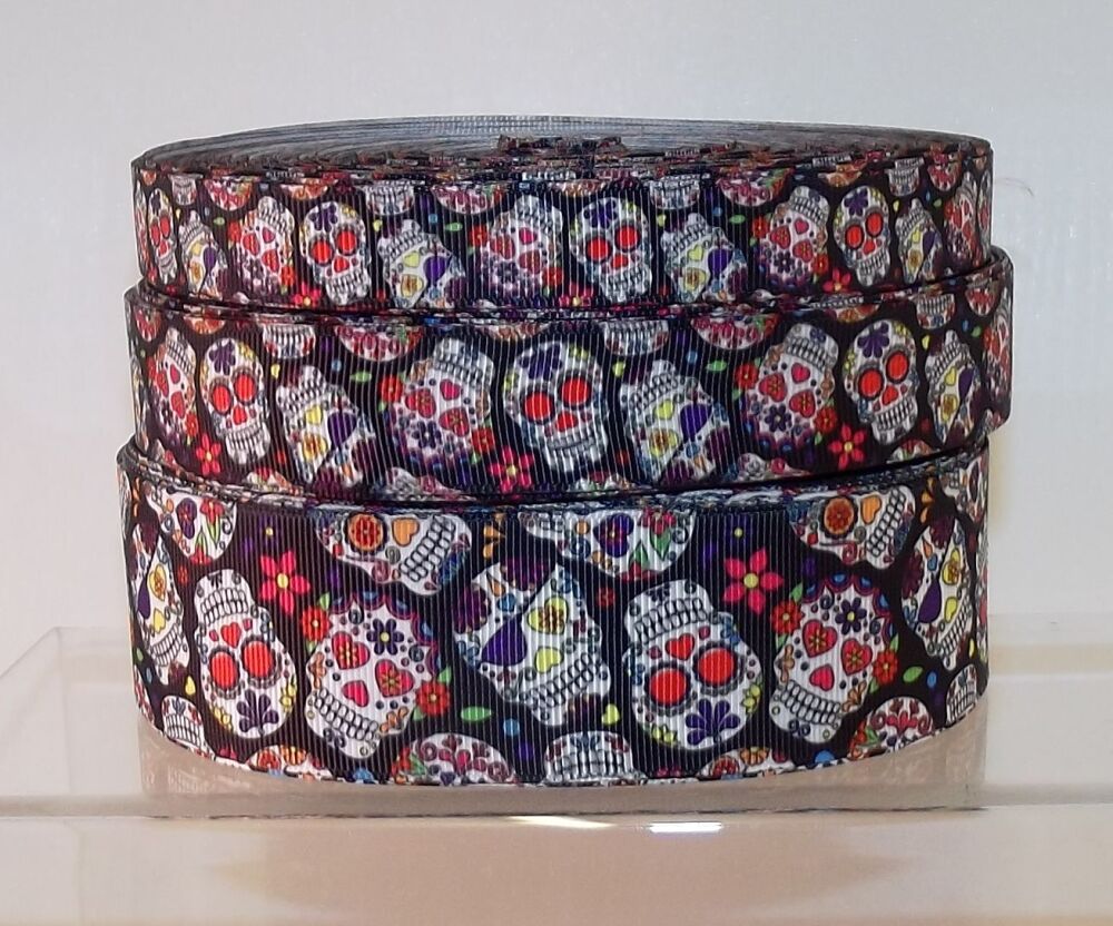 Sugar Skulls Grosgrain Ribbon 16/22/38mm Wide - Black - Sold per Metre