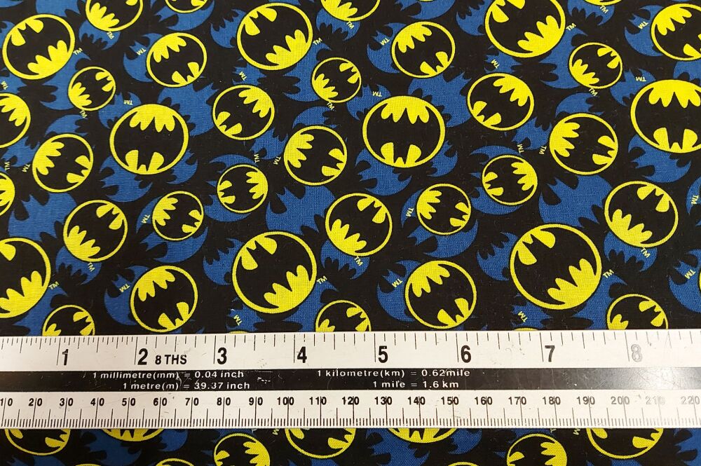 Batman Fabric 112cm (44") wide approx. Sold as FQ, 1/2m or 1m length Logo Black/Blue