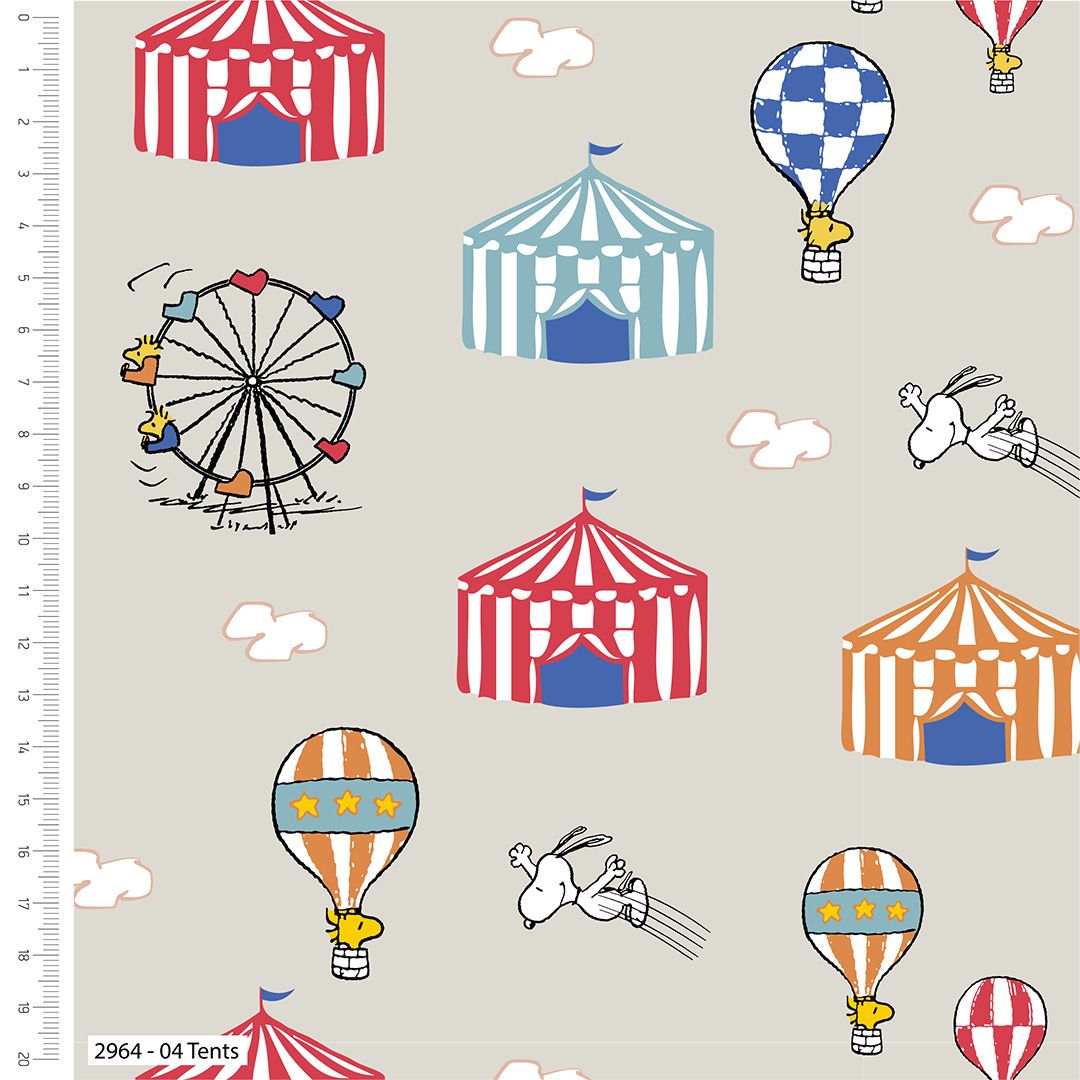 Snoopy Circus Fabric 112cm (44") wide approx. Sold as FQ, 1/2m or 1m length Tents 2964-04 Taupe