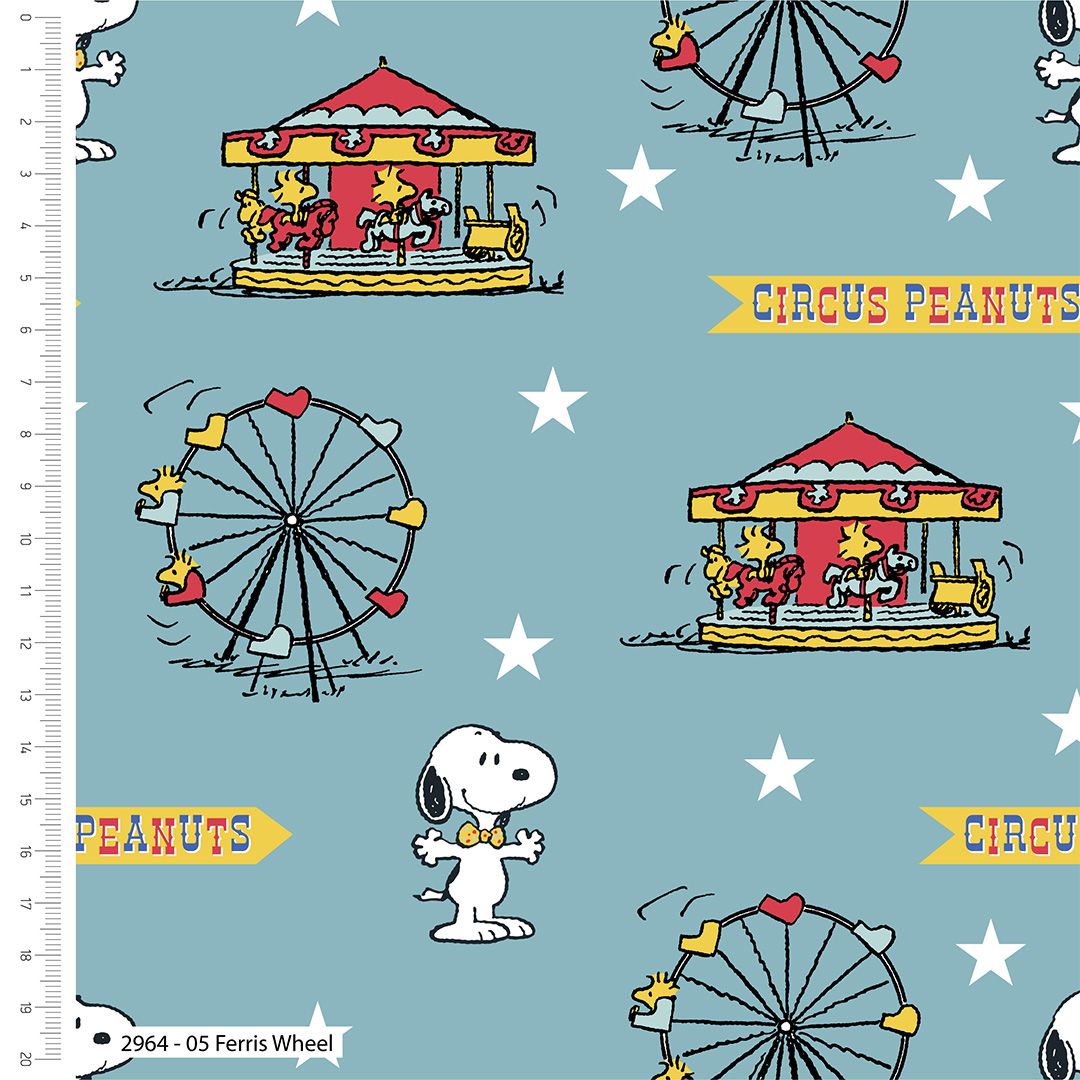 Snoopy Circus Fabric 112cm (44") wide approx. Sold as FQ, 1/2m or 1m length Ferris Wheel 2964-05 Teal