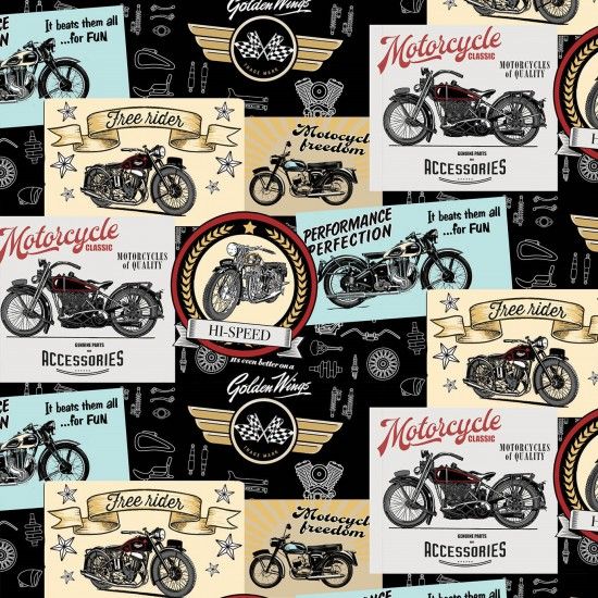 Live to Ride Motorbike Fabric 112cm (44") Wide Sold as FQ, 1/2m or 1m 81440-101 Montage