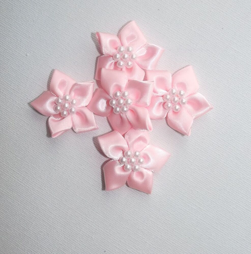 Star Bows with Pearls Plain Colour Packs of 5 - Baby Pink