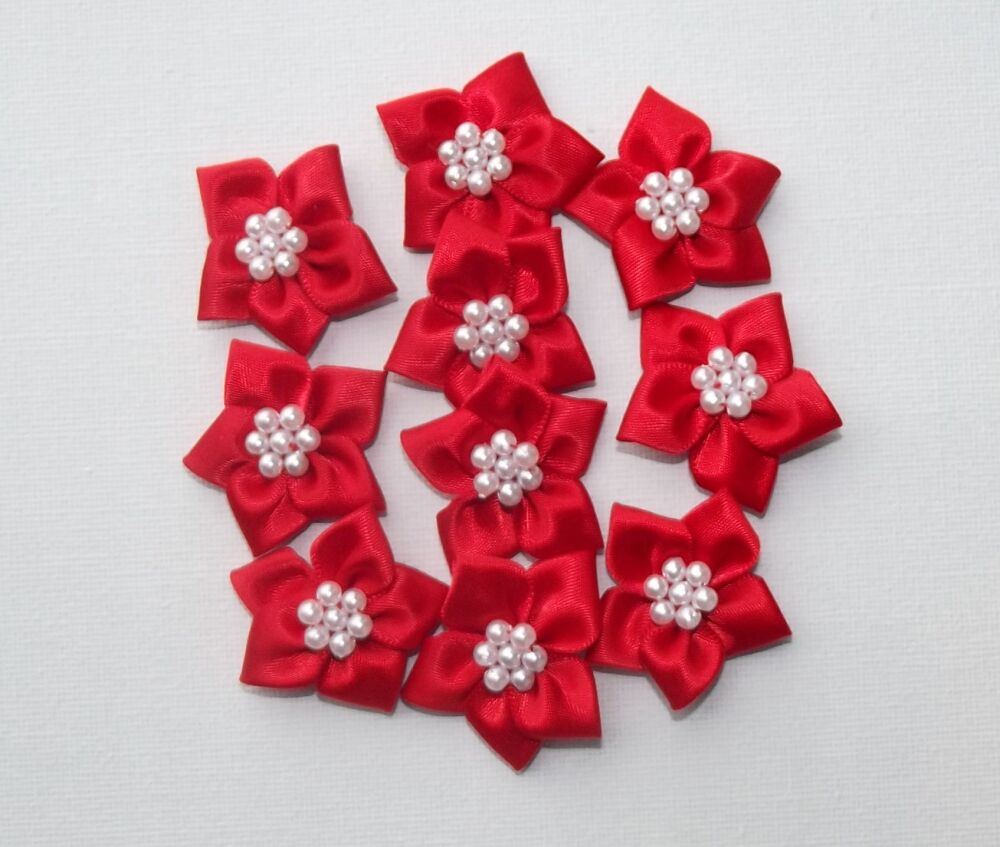 Star Bows with Pearls Plain Colour Packs of 5 - Red