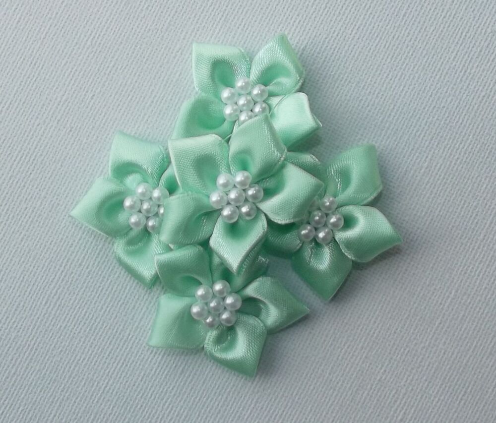 Star Bows with Pearls Plain Colour Packs of 5 - Mint Green