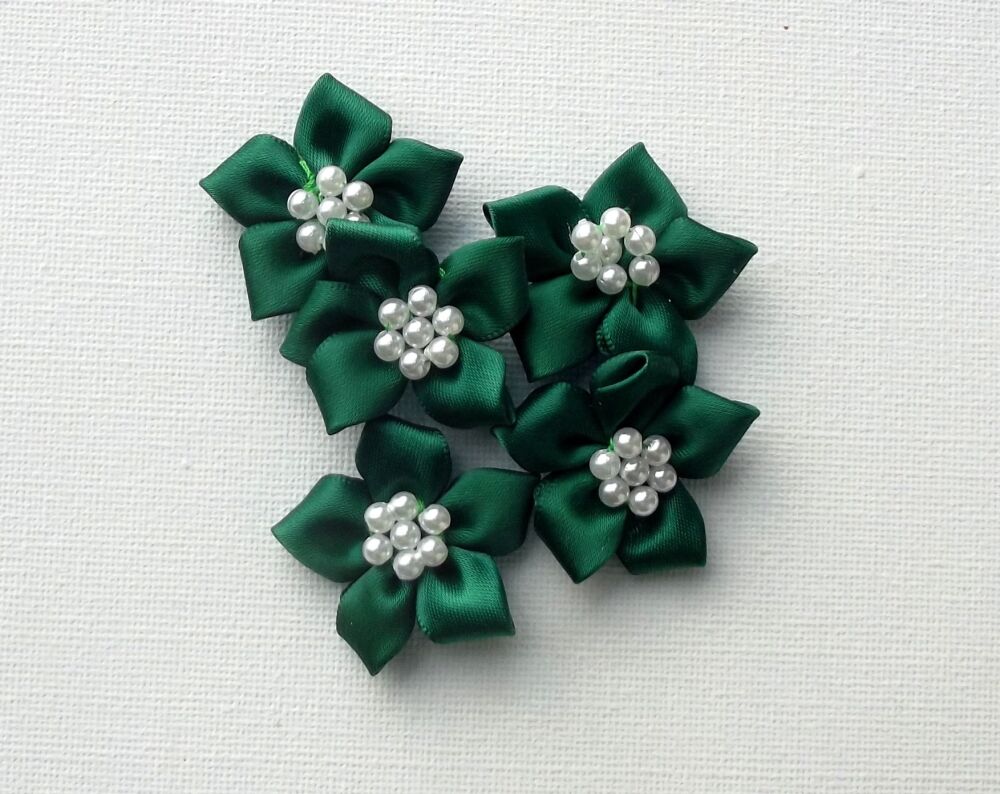 Star Bows with Pearls Plain Colour Packs of 5 - Bottle Green