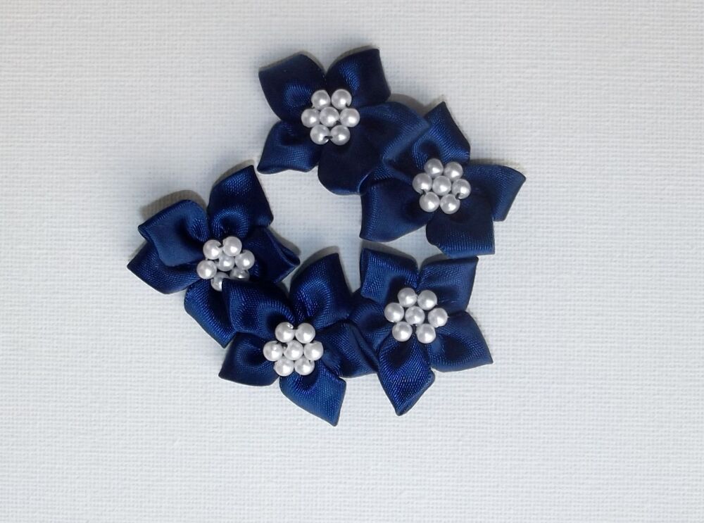 Star Bows with Pearls Plain Colour Packs of 5 - Navy Blue