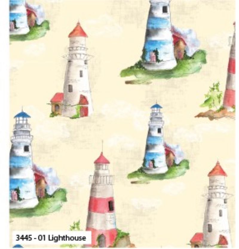A Day by the Sea Fabric Debbie Shore 112cm (44") wide approx. Sold as FQ, 1/2m or 1m 3445-01 Lighthouse