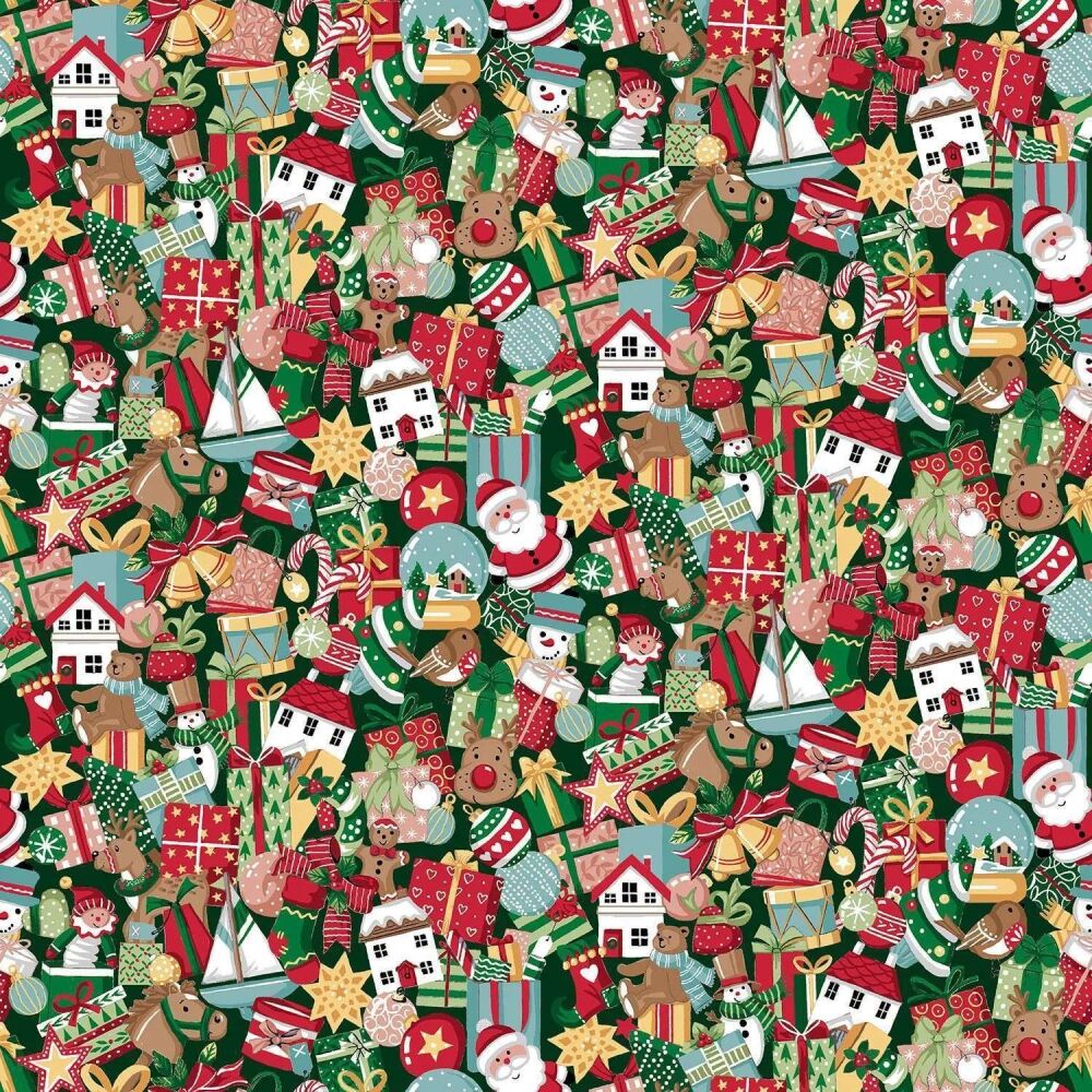 Christmas Wishes Fabric 112cm (44") Wide by Makower Sold as FQ, 1/2m or 1m Stocking Fillers 033/G Green