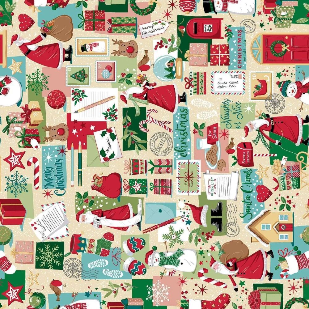 Christmas Wishes Fabric 112cm (44") Wide by Makower Sold as FQ, 1/2m or 1m Dear Santa 032/Q Cream