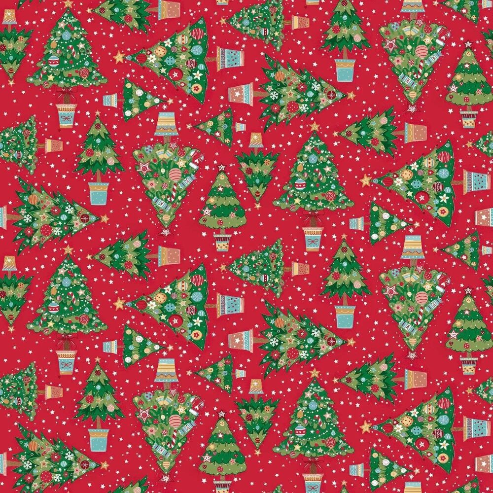 Christmas Wishes Fabric 112cm (44") Wide by Makower Sold as FQ, 1/2m or 1m Trees - 036/R Red