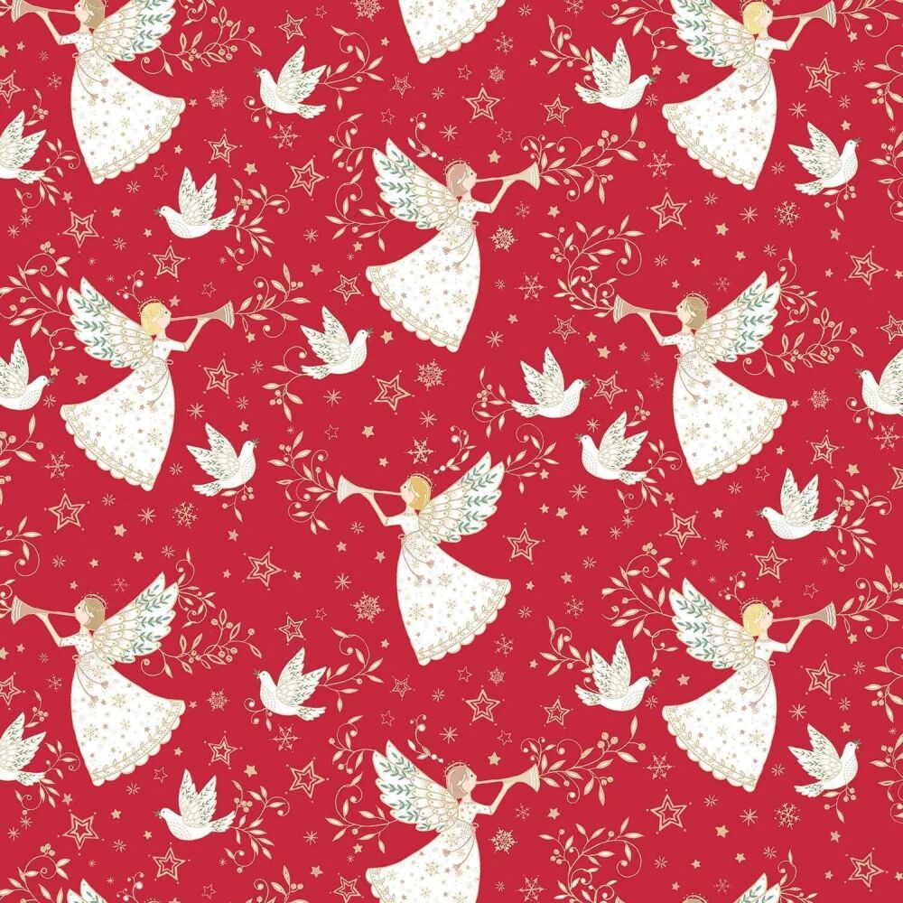 Christmas Angels Fabric 112cm (44") Wide by Makower Sold as FQ, 1/2m or 1m Metallic 041/R red