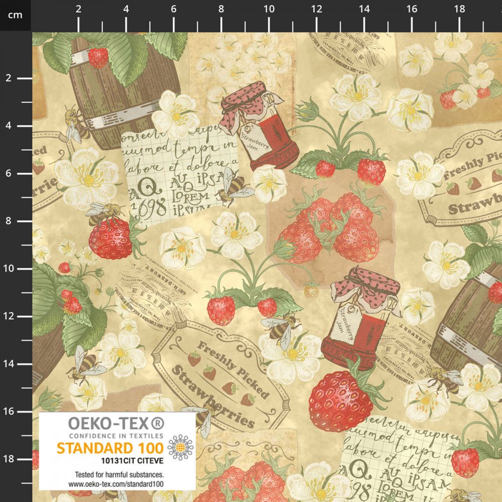 Vintage Strawberries Fabric 112cm (44") Wide by Stof Sold as FQ, 1/2 metre or 1 metre Length 4502-780 Cream