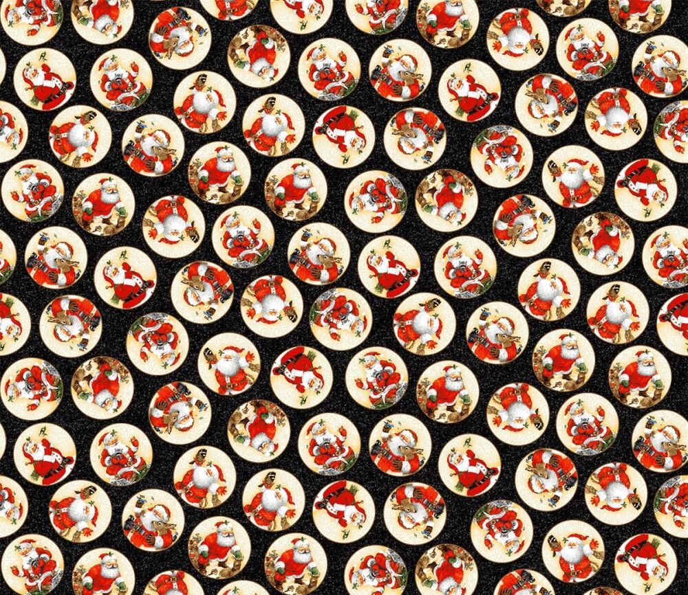 Santa & Friends Fabric 112cm (44") Wide by Henry Glass Sold as FQ, 1/2m or 1m Circles/Baubles #4790-835