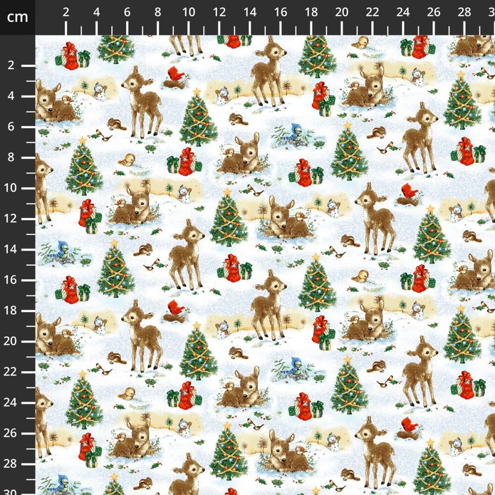 Santa & Friends Fabric 112cm (44") Wide by Henry Glass Sold as FQ, 1/2m or 1m Reindeer & Trees #4790-838