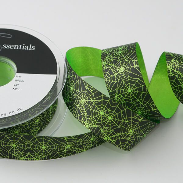 Halloween Printed Satin Ribbon 25mm Wide Sold per Metre Spiders Web Black