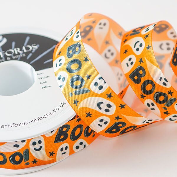 Halloween Printed Satin Ribbon 25mm Wide Sold per Metre Ghouls - Boo! Orange