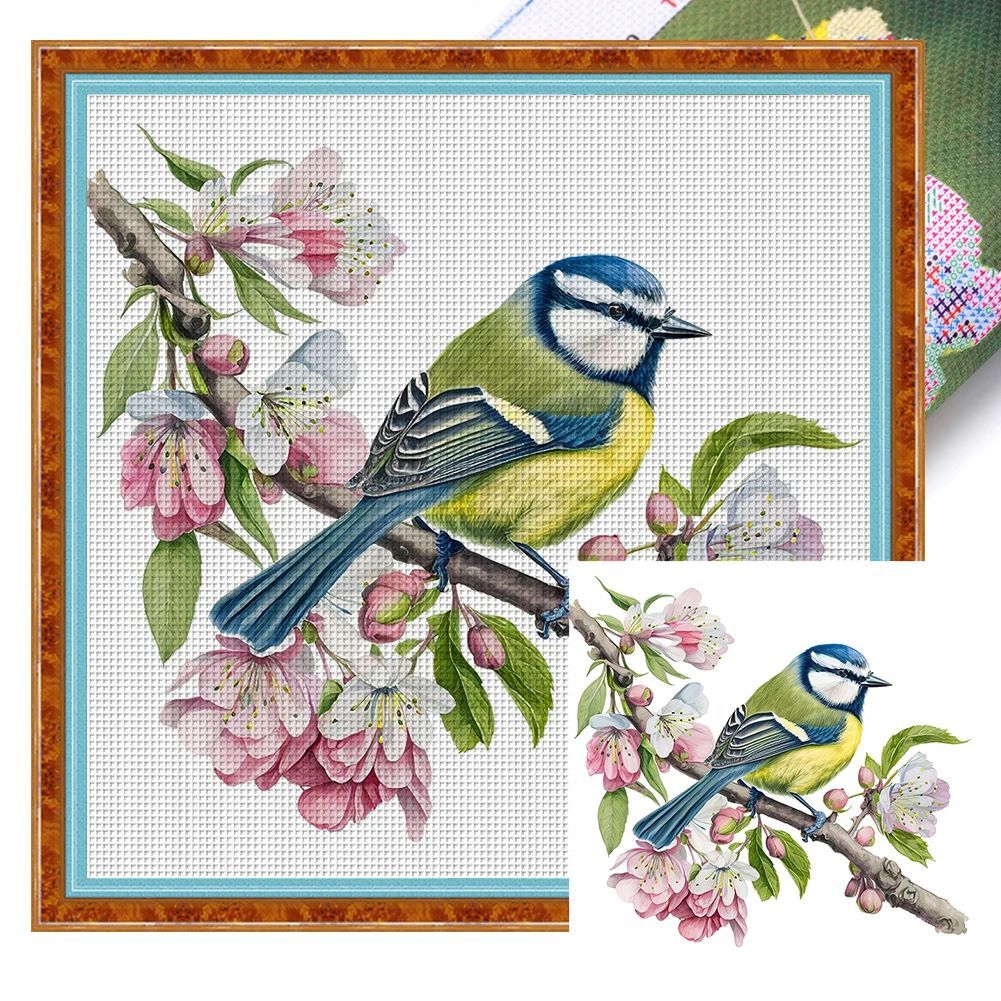 Cross Stitch Kit Blue Tit 18CT Printed Aida Size 20cm x 20cm