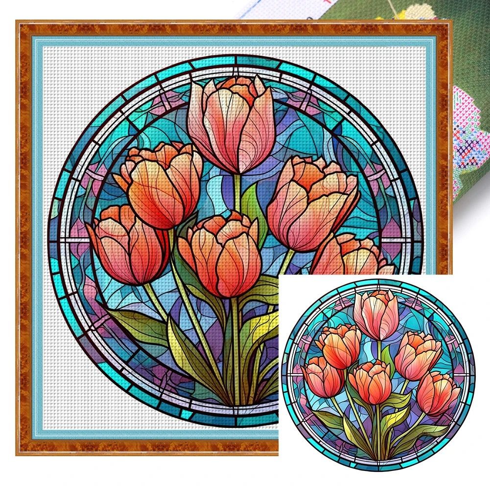 Cross Stitch Kit  Stained Glass Background Tulips 18CT Printed Aida Size 25cm x 25cm