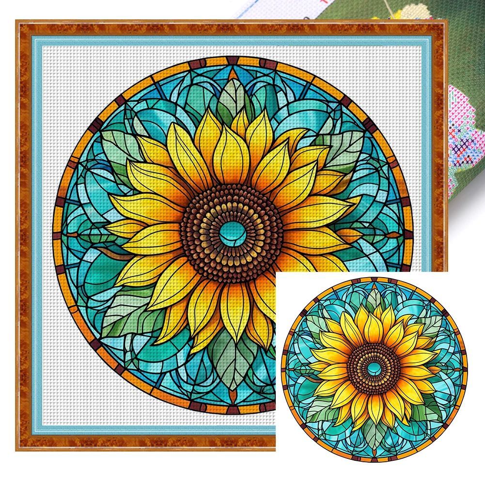 Cross Stitch Kit  Stained Glass Background Sunflower 18CT Printed Aida Size 25cm x 25cm