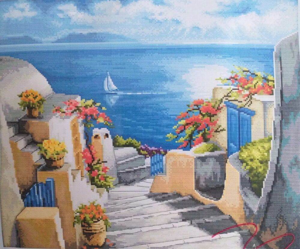 Cross Stitch Kit Seascape Santorini 11CT Printed Aida Size 38cm x 48cm