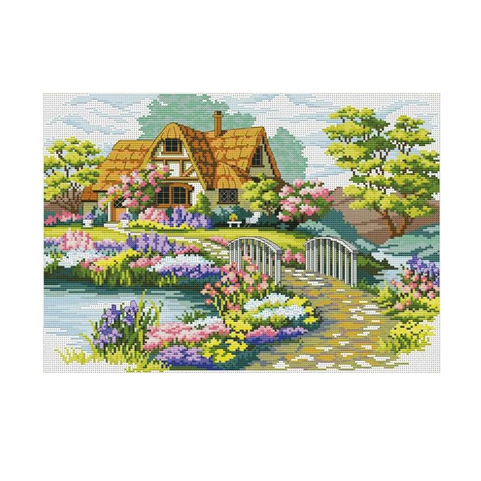 Cross Stitch Kit Country Cottage Garden 11CT Printed Aida Size 38cm x 48cm