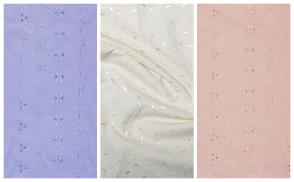 Clearance 3 Hole Broderie Anglaise P/C Fabric 112cm (44") Wide Fat Qtrs Lilac Peach or Cream