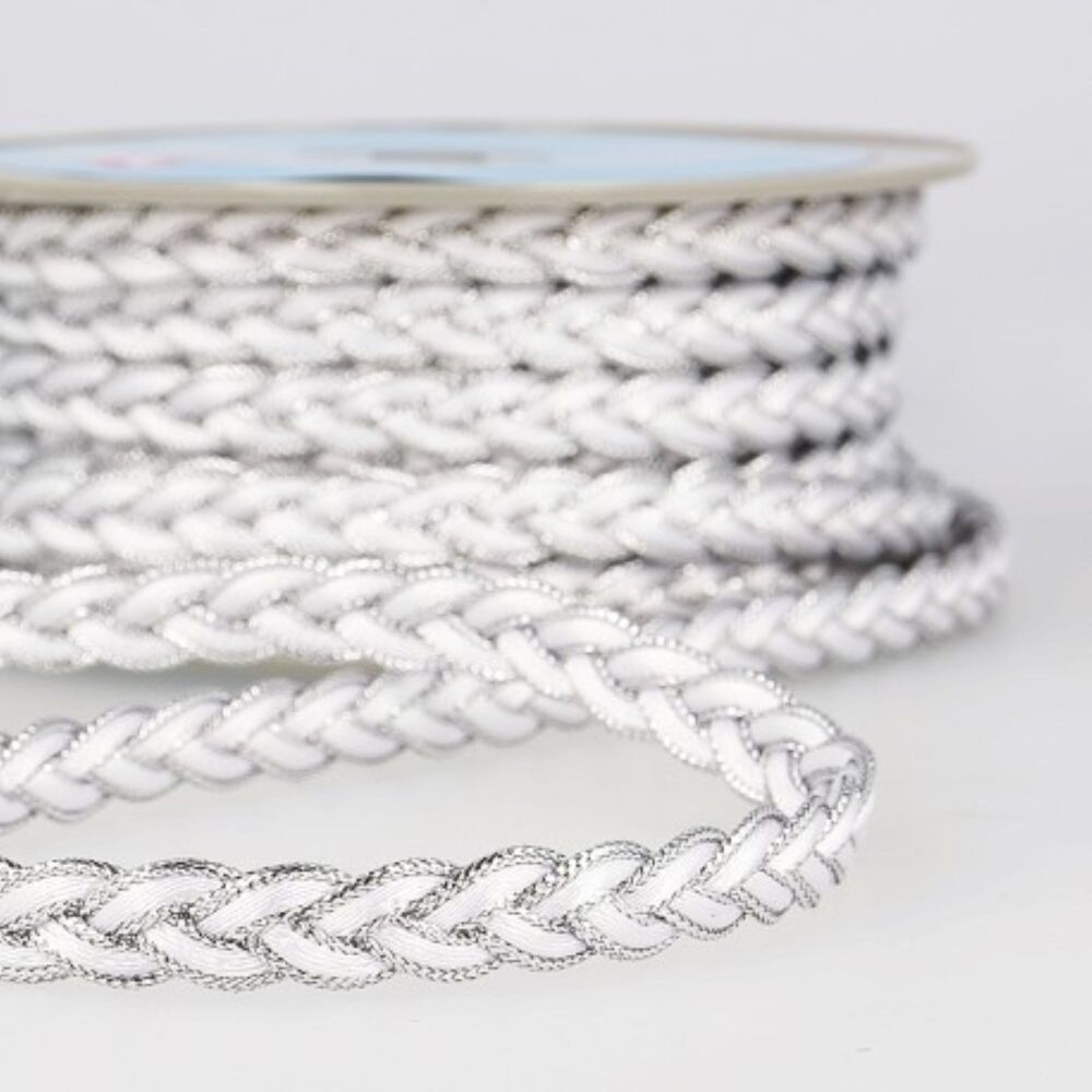 Plaited Gimp Braid 12mm Wide S7761 White with Silver Edge #01