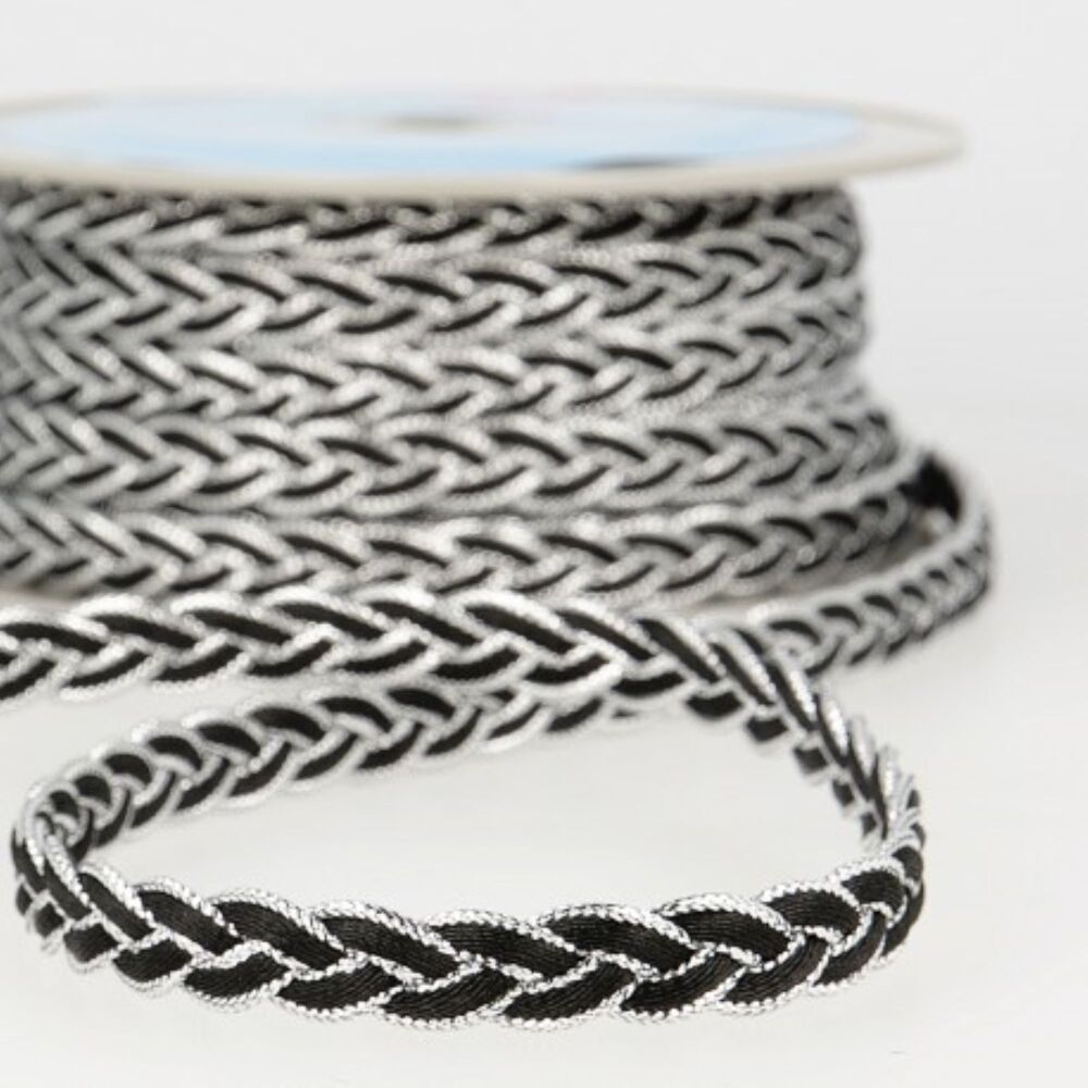 Plaited Gimp Braid 12mm Wide S7761 Black with Silver Edge #100