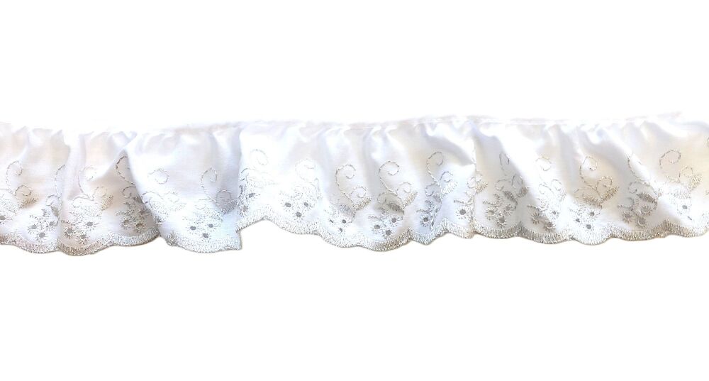 Broderie Anglaise Gathered Scalloped Trim 75mm Wide White with Silver Edge