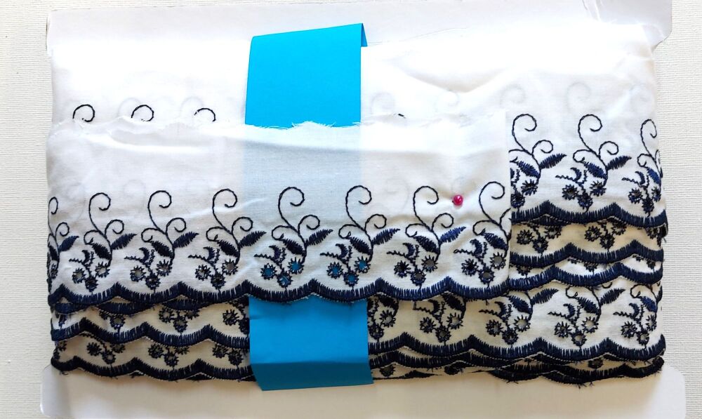 Broderie Anglaise Flat Scalloped Trim 75mm Wide White with Navy